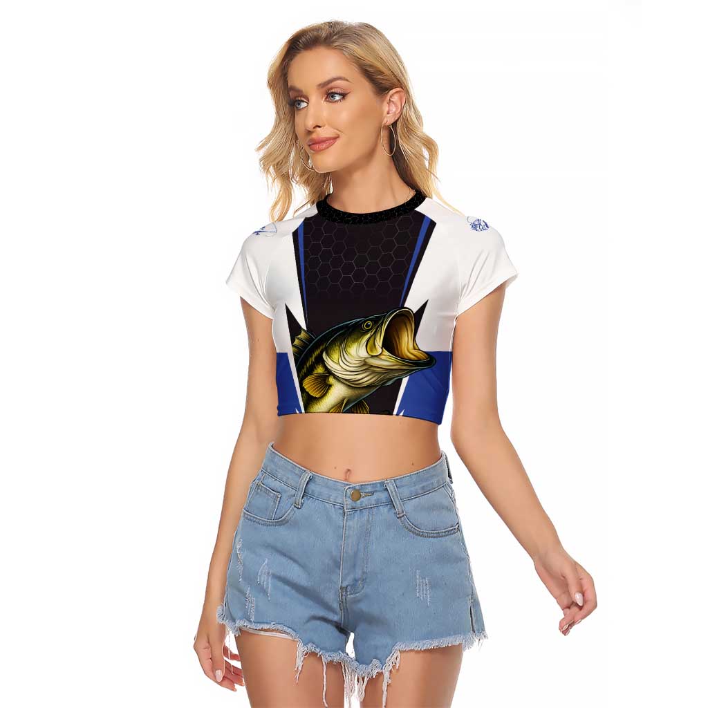 Personalized Bass Fishing Raglan Cropped T Shirt Jumping Fish and Blue White Lightning Pattern Design - Wonder Print Shop
