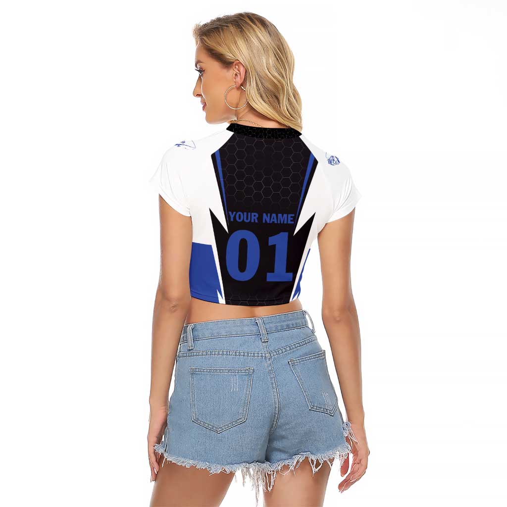 Personalized Bass Fishing Raglan Cropped T Shirt Jumping Fish and Blue White Lightning Pattern Design - Wonder Print Shop