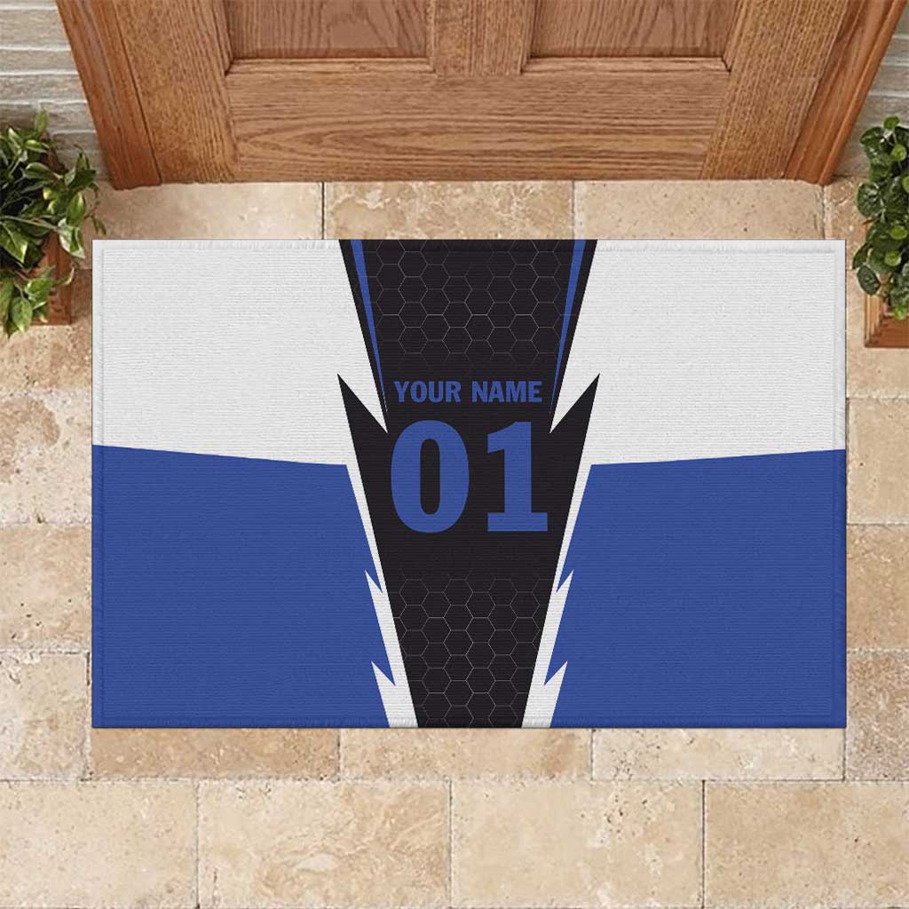 Personalized Bass Fishing Rubber Doormat Jumping Fish and Blue White Lightning Pattern Design - Wonder Print Shop