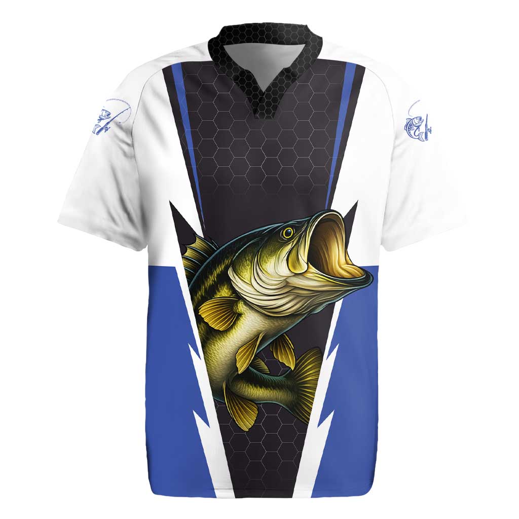 Personalized Bass Fishing Rugby Jersey Jumping Fish and Blue White Lightning Pattern Design - Wonder Print Shop