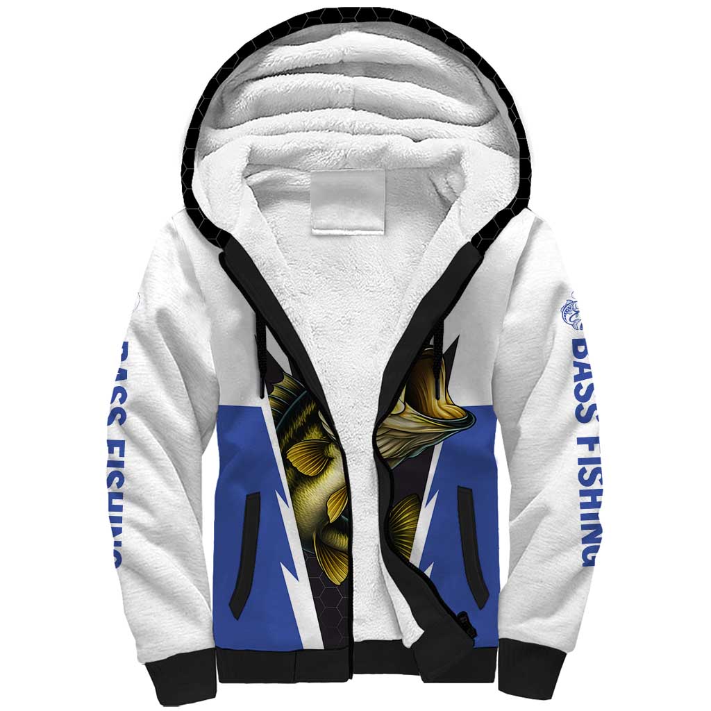 Personalized Bass Fishing Sherpa Hoodie Jumping Fish and Blue White Lightning Pattern Design - Wonder Print Shop