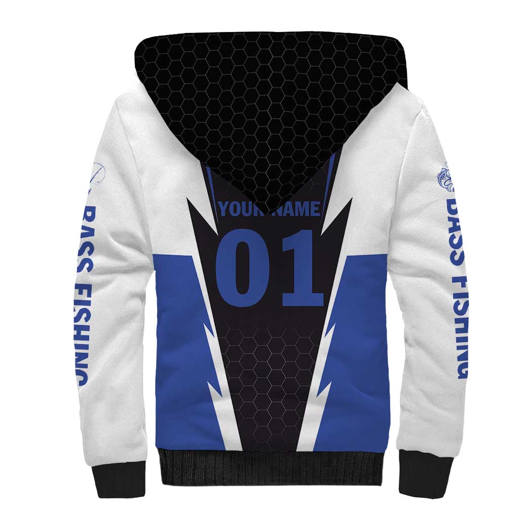 Personalized Bass Fishing Sherpa Hoodie Jumping Fish and Blue White Lightning Pattern Design - Wonder Print Shop