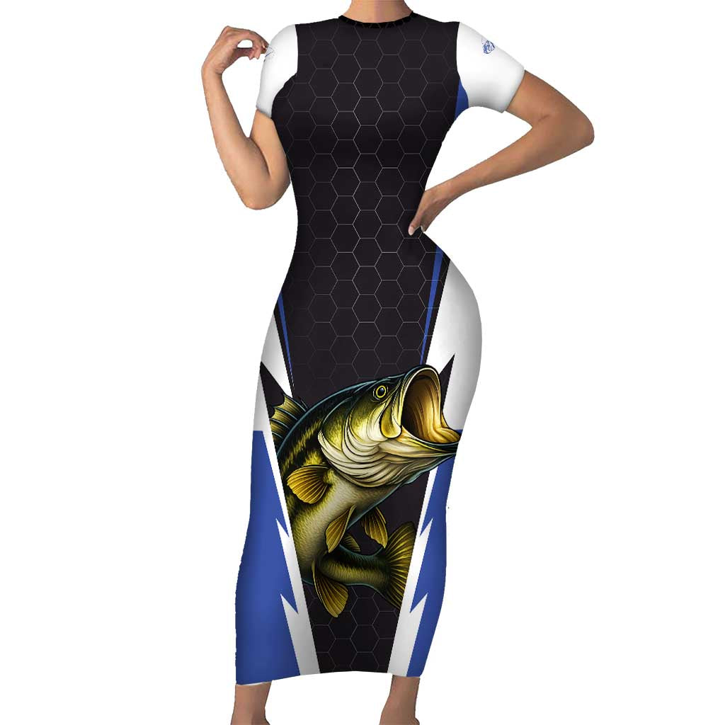 Personalized Bass Fishing Short Sleeve Bodycon Dress Jumping Fish and Blue White Lightning Pattern Design - Wonder Print Shop
