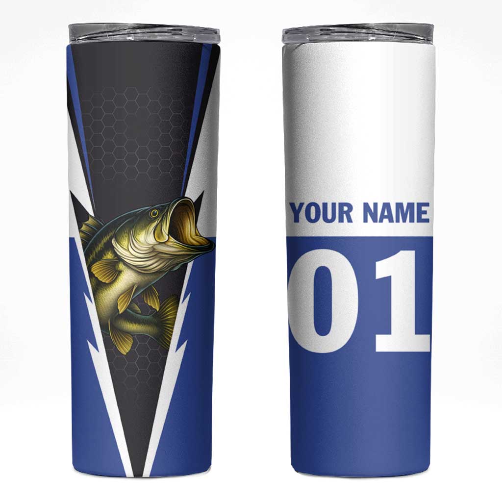 Personalized Bass Fishing Skinny Tumbler Jumping Fish and Blue White Lightning Pattern Design - Wonder Print Shop