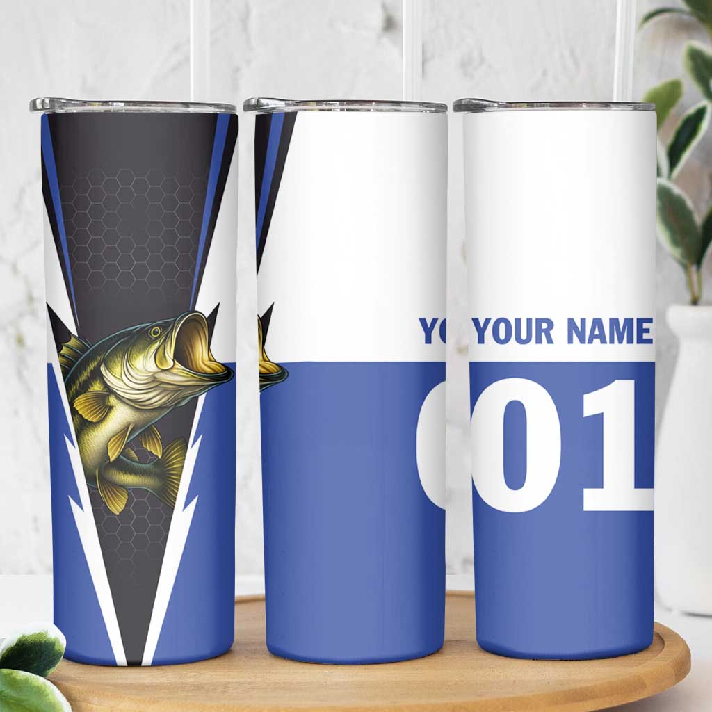 Personalized Bass Fishing Skinny Tumbler Jumping Fish and Blue White Lightning Pattern Design - Wonder Print Shop
