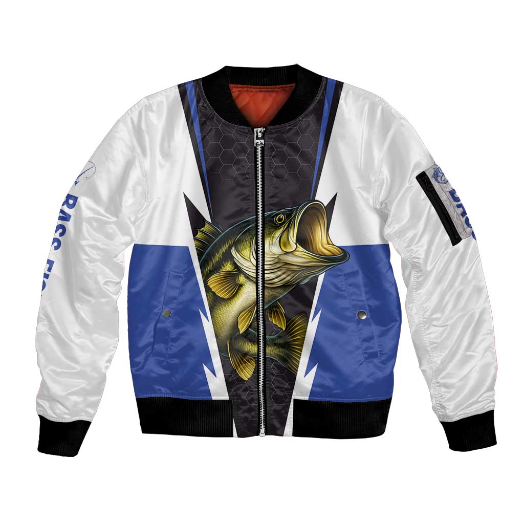 Personalized Bass Fishing Sleeve Zip Bomber Jacket Jumping Fish and Blue White Lightning Pattern Design - Wonder Print Shop