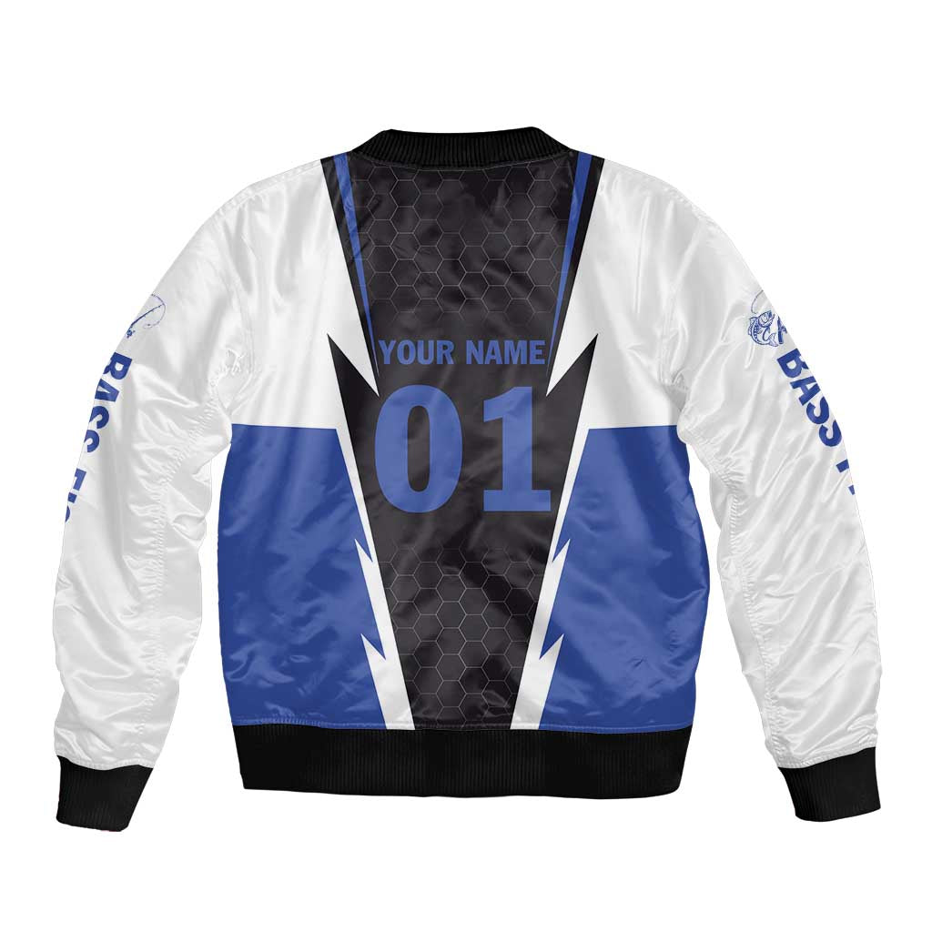 Personalized Bass Fishing Sleeve Zip Bomber Jacket Jumping Fish and Blue White Lightning Pattern Design - Wonder Print Shop