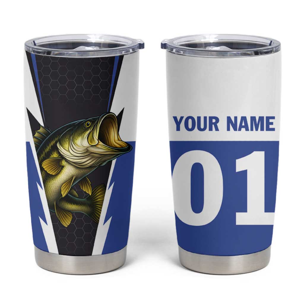 Personalized Bass Fishing Tumbler Cup Jumping Fish and Blue White Lightning Pattern Design - Wonder Print Shop