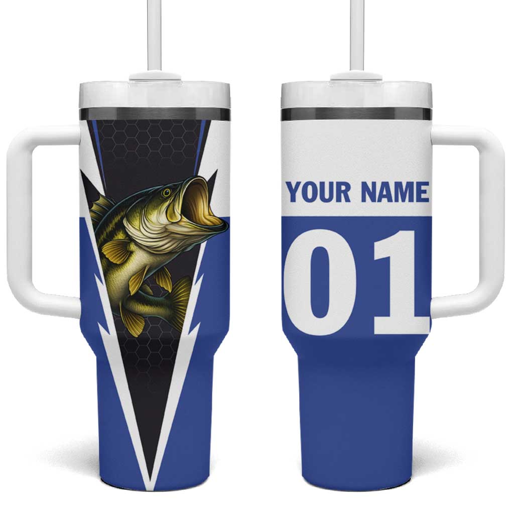 Personalized Bass Fishing Tumbler With Handle Jumping Fish and Blue White Lightning Pattern Design - Wonder Print Shop