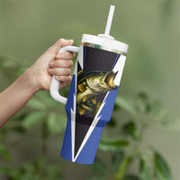 Personalized Bass Fishing Tumbler With Handle Jumping Fish and Blue White Lightning Pattern Design - Wonder Print Shop