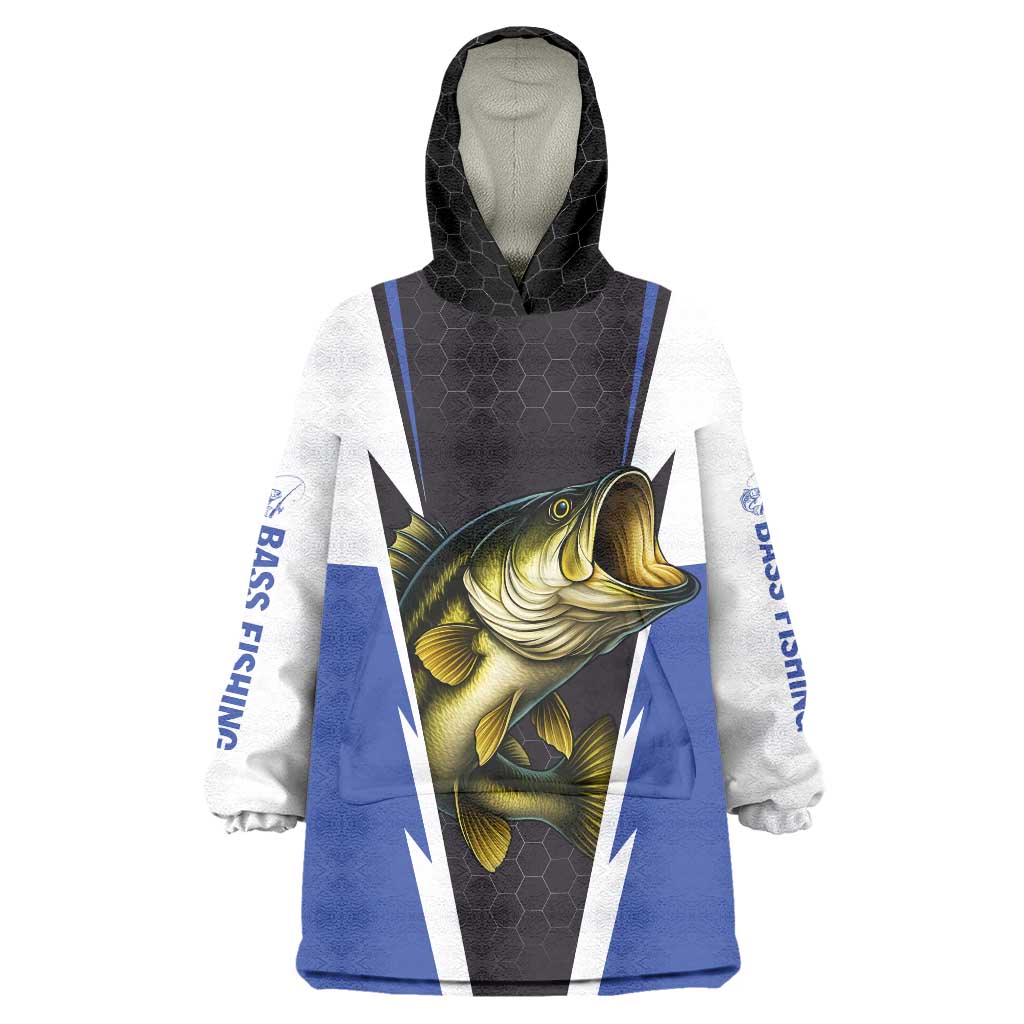 Personalized Bass Fishing Wearable Blanket Hoodie Jumping Fish and Blue White Lightning Pattern Design - Wonder Print Shop