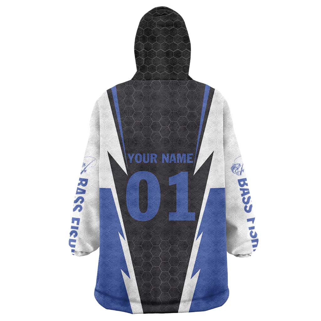Personalized Bass Fishing Wearable Blanket Hoodie Jumping Fish and Blue White Lightning Pattern Design - Wonder Print Shop