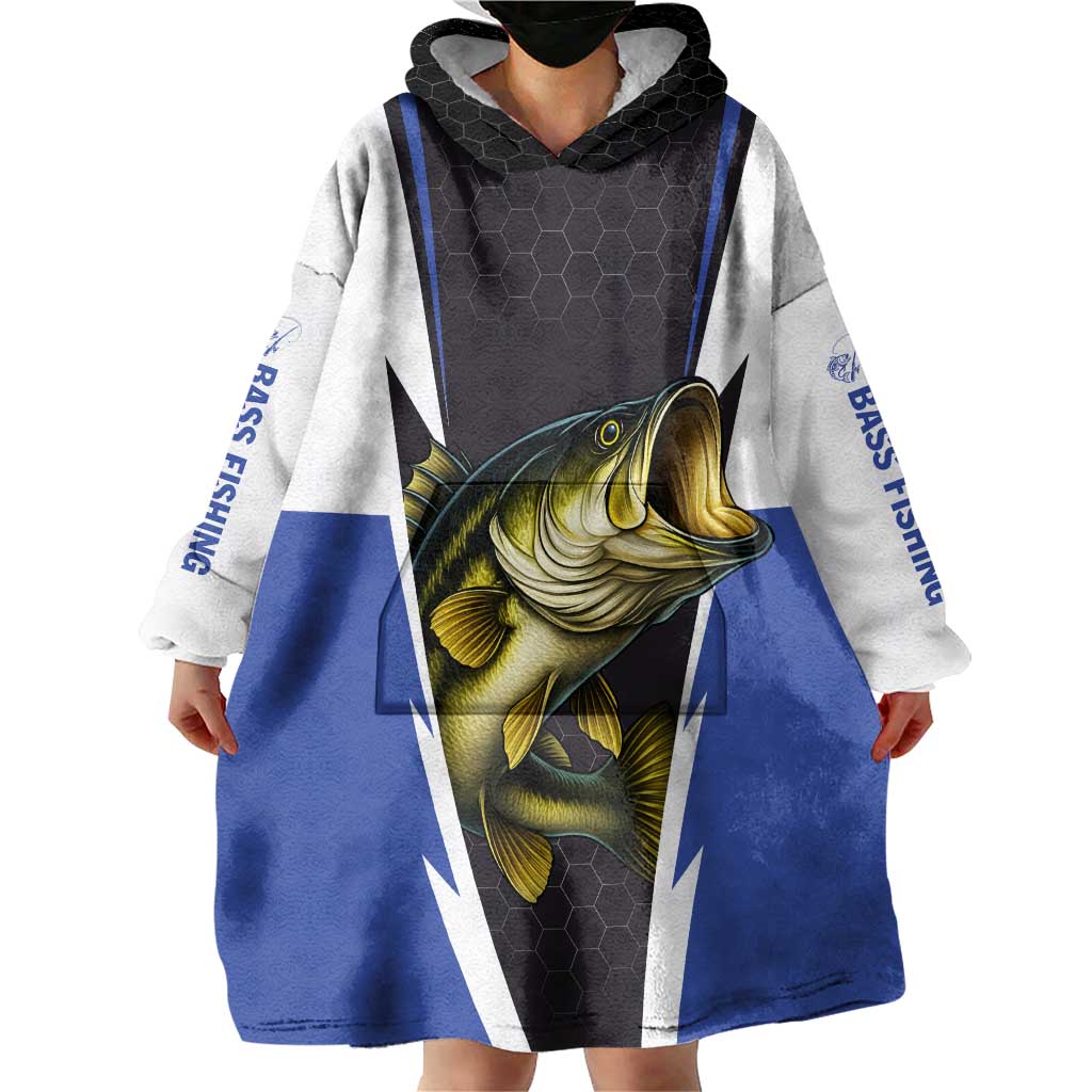 Personalized Bass Fishing Wearable Blanket Hoodie Jumping Fish and Blue White Lightning Pattern Design - Wonder Print Shop