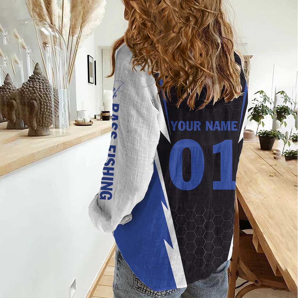 Personalized Bass Fishing Women Casual Shirt Jumping Fish and Blue White Lightning Pattern Design - Wonder Print Shop