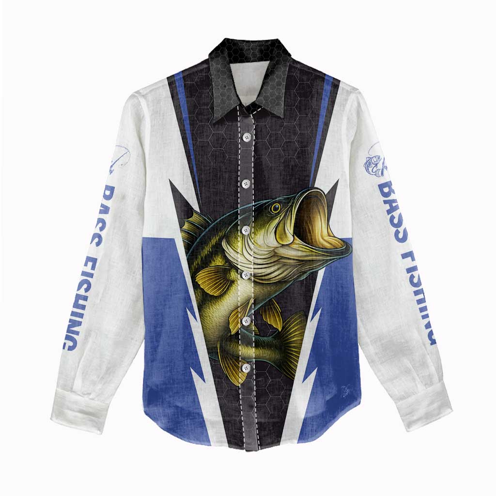Personalized Bass Fishing Women Casual Shirt Jumping Fish and Blue White Lightning Pattern Design - Wonder Print Shop