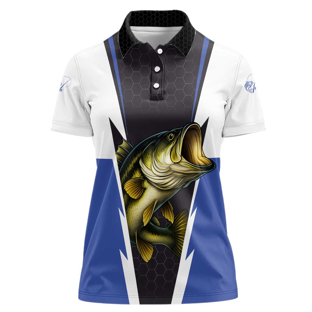 Personalized Bass Fishing Women Polo Shirt Jumping Fish and Blue White Lightning Pattern Design - Wonder Print Shop