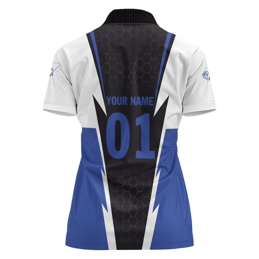 Personalized Bass Fishing Women Polo Shirt Jumping Fish and Blue White Lightning Pattern Design - Wonder Print Shop