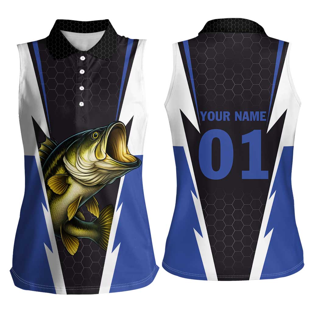 Personalized Bass Fishing Women Sleeveless Polo Shirt Jumping Fish and Blue White Lightning Pattern Design - Wonder Print Shop