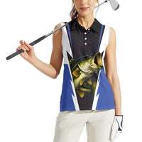 Personalized Bass Fishing Women Sleeveless Polo Shirt Jumping Fish and Blue White Lightning Pattern Design - Wonder Print Shop