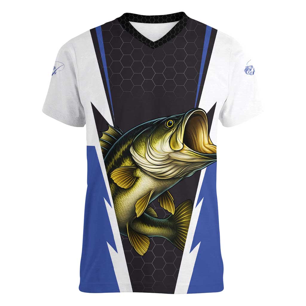 Personalized Bass Fishing Women V-Neck T-Shirt Jumping Fish and Blue White Lightning Pattern Design - Wonder Print Shop