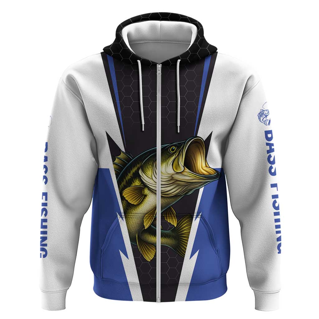 Personalized Bass Fishing Zip Hoodie Jumping Fish and Blue White Lightning Pattern Design - Wonder Print Shop