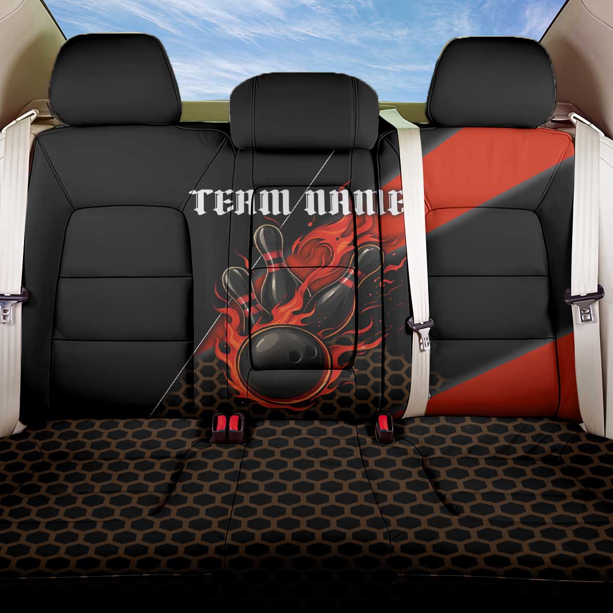 Personalized Bowling Tournament Back Car Seat Cover Ball Strike Black And Red Custom Bowling Team - Wonder Print Shop