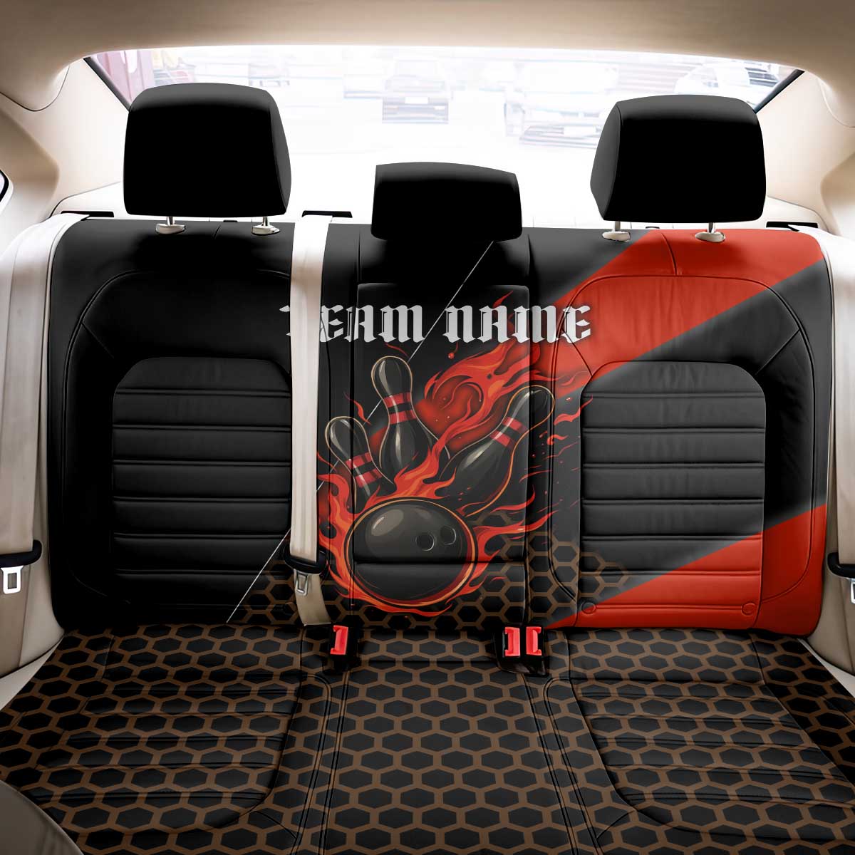 Personalized Bowling Tournament Back Car Seat Cover Ball Strike Black And Red Custom Bowling Team - Wonder Print Shop