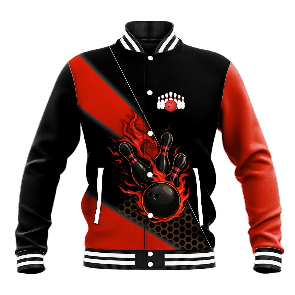 Personalized Bowling Tournament Baseball Jacket Ball Strike Black And Red Custom Bowling Team - Wonder Print Shop