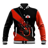 Personalized Bowling Tournament Baseball Jacket Ball Strike Black And Red Custom Bowling Team - Wonder Print Shop