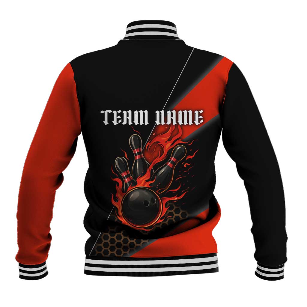 Personalized Bowling Tournament Baseball Jacket Ball Strike Black And Red Custom Bowling Team - Wonder Print Shop