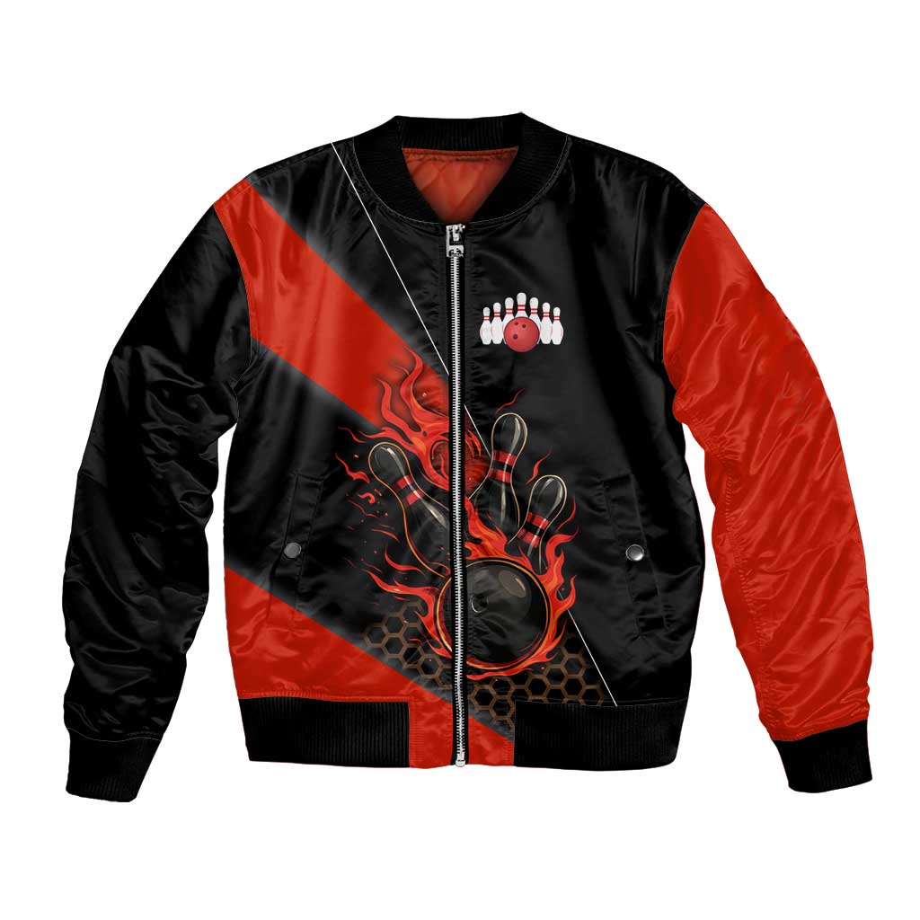 Personalized Bowling Tournament Bomber Jacket Ball Strike Black And Red Custom Bowling Team - Wonder Print Shop