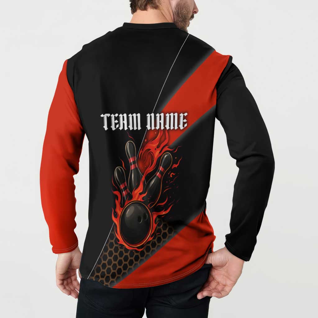 Personalized Bowling Tournament Button Sweatshirt Ball Strike Black And Red Custom Bowling Team - Wonder Print Shop