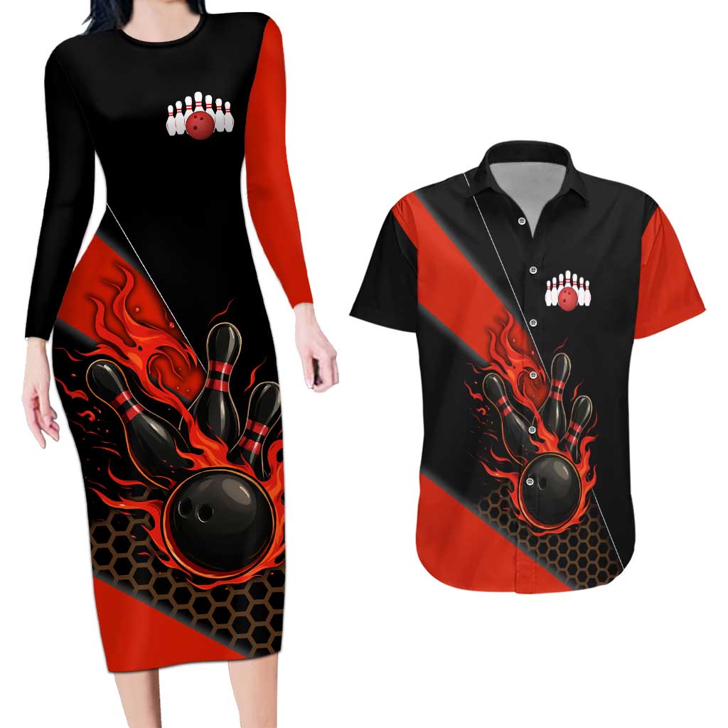 Personalized Bowling Tournament Couples Matching Long Sleeve Bodycon Dress and Hawaiian Shirt Ball Strike Black And Red Custom Bowling Team - Wonder Print Shop