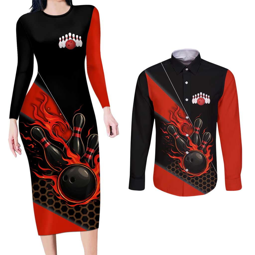 Personalized Bowling Tournament Couples Matching Long Sleeve Bodycon Dress and Long Sleeve Button Shirt Ball Strike Black And Red Custom Bowling Team - Wonder Print Shop