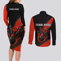 Personalized Bowling Tournament Couples Matching Long Sleeve Bodycon Dress and Long Sleeve Button Shirt Ball Strike Black And Red Custom Bowling Team - Wonder Print Shop