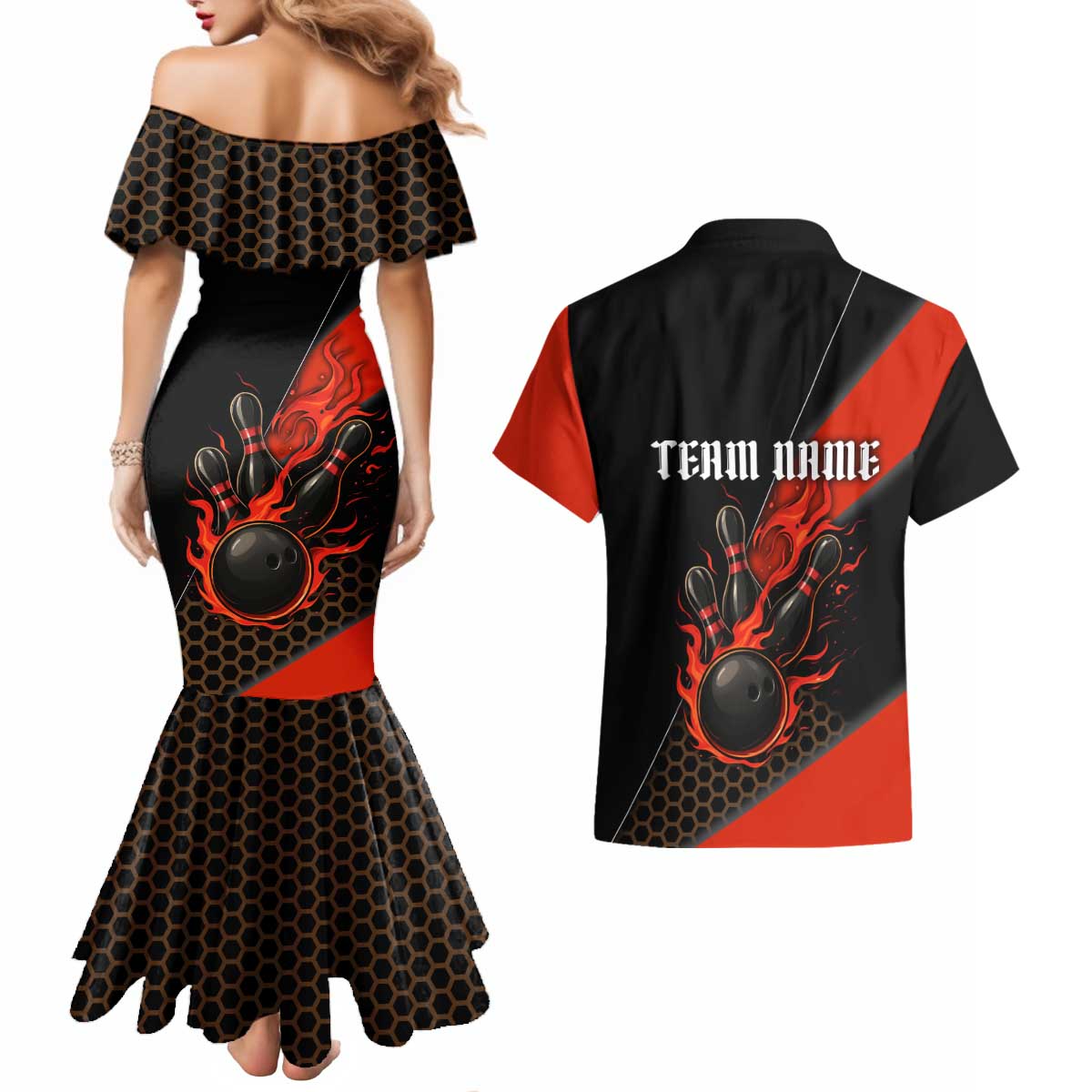 Personalized Bowling Tournament Couples Matching Mermaid Dress and Hawaiian Shirt Ball Strike Black And Red Custom Bowling Team - Wonder Print Shop