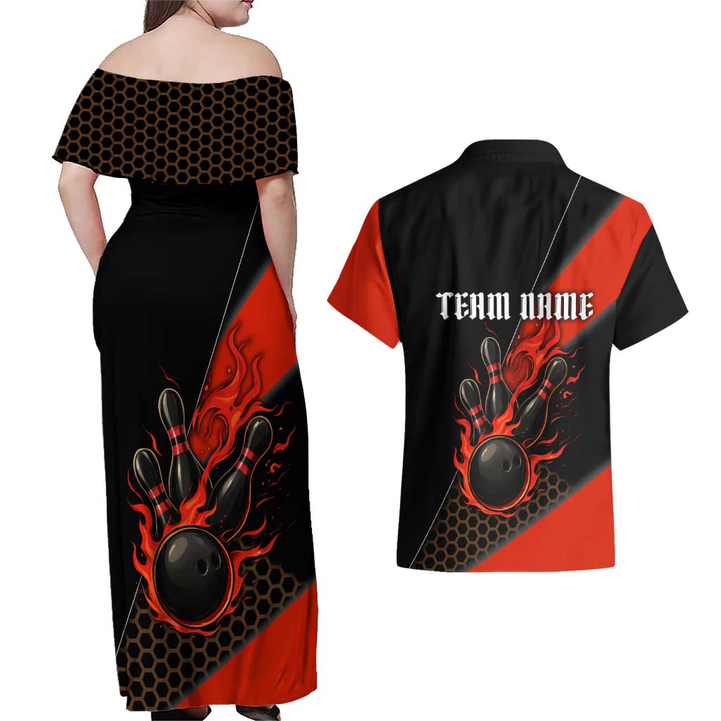 Personalized Bowling Tournament Couples Matching Off Shoulder Maxi Dress and Hawaiian Shirt Ball Strike Black And Red Custom Bowling Team - Wonder Print Shop