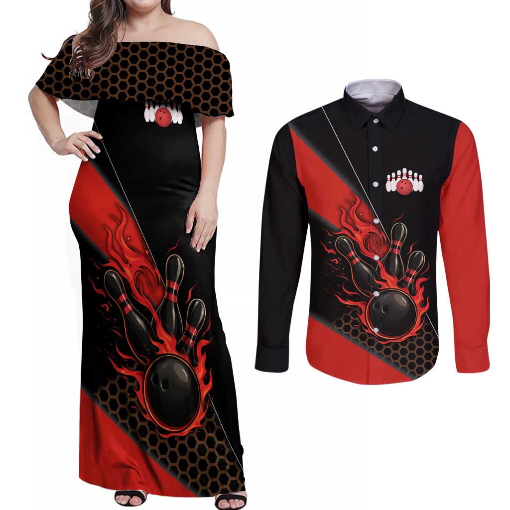 Personalized Bowling Tournament Couples Matching Off Shoulder Maxi Dress and Long Sleeve Button Shirt Ball Strike Black And Red Custom Bowling Team - Wonder Print Shop