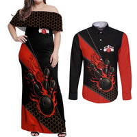 Personalized Bowling Tournament Couples Matching Off Shoulder Maxi Dress and Long Sleeve Button Shirt Ball Strike Black And Red Custom Bowling Team - Wonder Print Shop