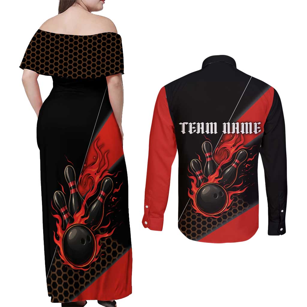 Personalized Bowling Tournament Couples Matching Off Shoulder Maxi Dress and Long Sleeve Button Shirt Ball Strike Black And Red Custom Bowling Team - Wonder Print Shop