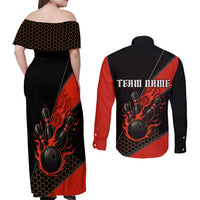 Personalized Bowling Tournament Couples Matching Off Shoulder Maxi Dress and Long Sleeve Button Shirt Ball Strike Black And Red Custom Bowling Team - Wonder Print Shop