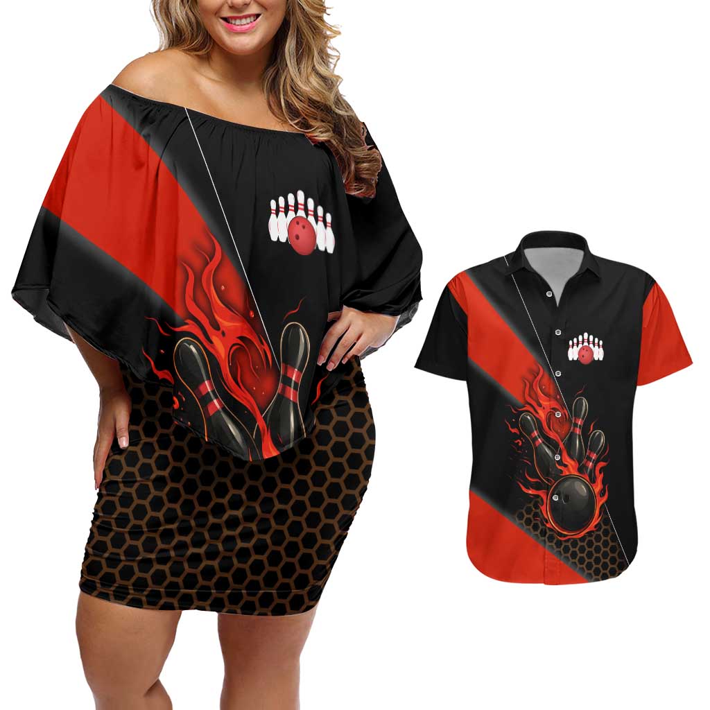 Personalized Bowling Tournament Couples Matching Off Shoulder Short Dress and Hawaiian Shirt Ball Strike Black And Red Custom Bowling Team - Wonder Print Shop