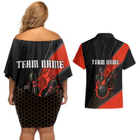 Personalized Bowling Tournament Couples Matching Off Shoulder Short Dress and Hawaiian Shirt Ball Strike Black And Red Custom Bowling Team - Wonder Print Shop