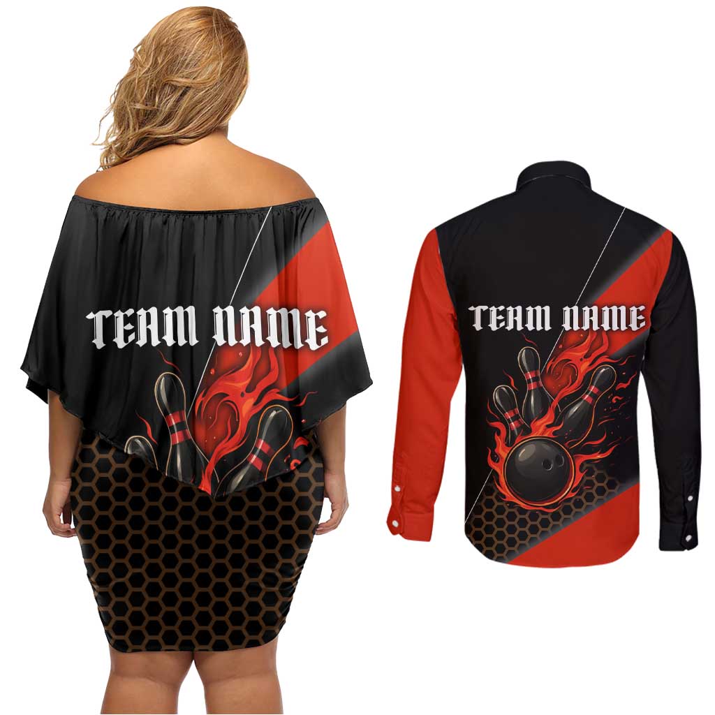 Personalized Bowling Tournament Couples Matching Off Shoulder Short Dress and Long Sleeve Button Shirt Ball Strike Black And Red Custom Bowling Team - Wonder Print Shop