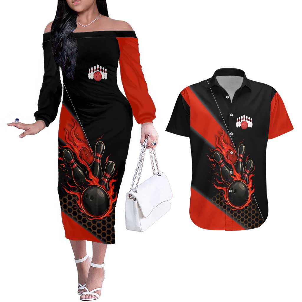 Personalized Bowling Tournament Couples Matching Off The Shoulder Long Sleeve Dress and Hawaiian Shirt Ball Strike Black And Red Custom Bowling Team - Wonder Print Shop