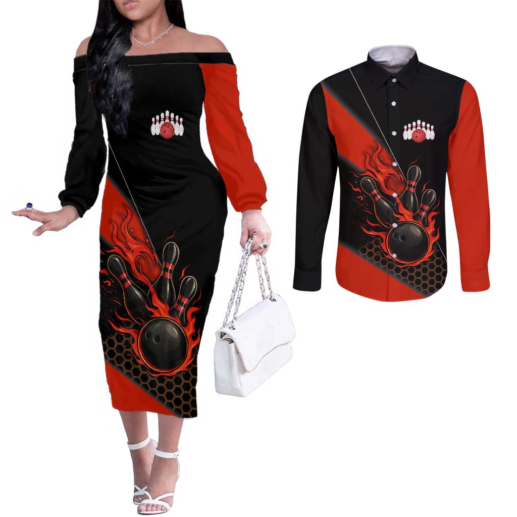 Personalized Bowling Tournament Couples Matching Off The Shoulder Long Sleeve Dress and Long Sleeve Button Shirt Ball Strike Black And Red Custom Bowling Team - Wonder Print Shop