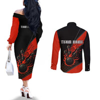 Personalized Bowling Tournament Couples Matching Off The Shoulder Long Sleeve Dress and Long Sleeve Button Shirt Ball Strike Black And Red Custom Bowling Team - Wonder Print Shop