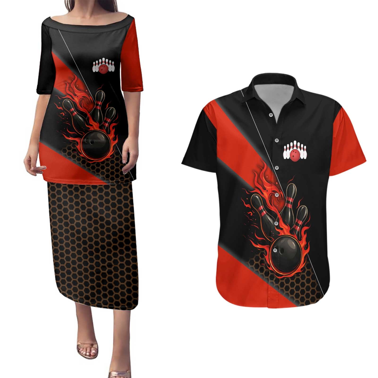 Personalized Bowling Tournament Couples Matching Puletasi and Hawaiian Shirt Ball Strike Black And Red Custom Bowling Team - Wonder Print Shop