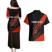 Personalized Bowling Tournament Couples Matching Puletasi and Hawaiian Shirt Ball Strike Black And Red Custom Bowling Team - Wonder Print Shop