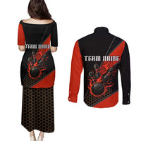 Personalized Bowling Tournament Couples Matching Puletasi and Long Sleeve Button Shirt Ball Strike Black And Red Custom Bowling Team - Wonder Print Shop